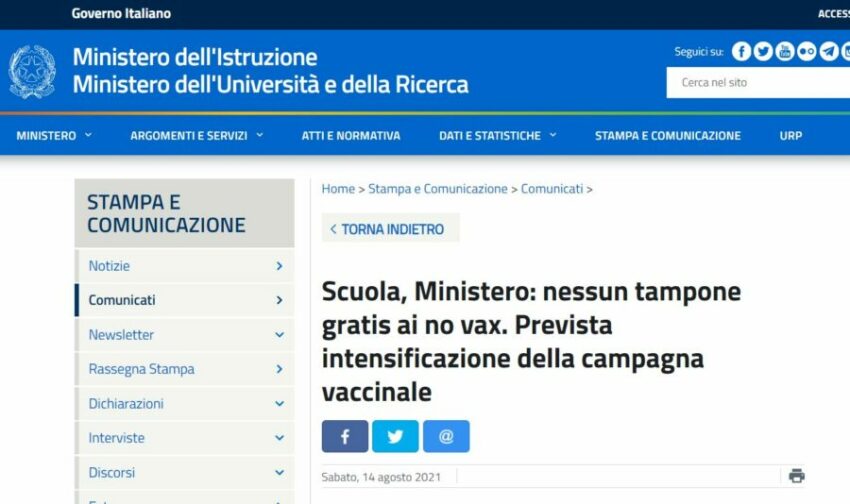 Scuola, Ministero: nessun tampone gratis ai no vax. Prevista intensificazione della campagna vaccinale