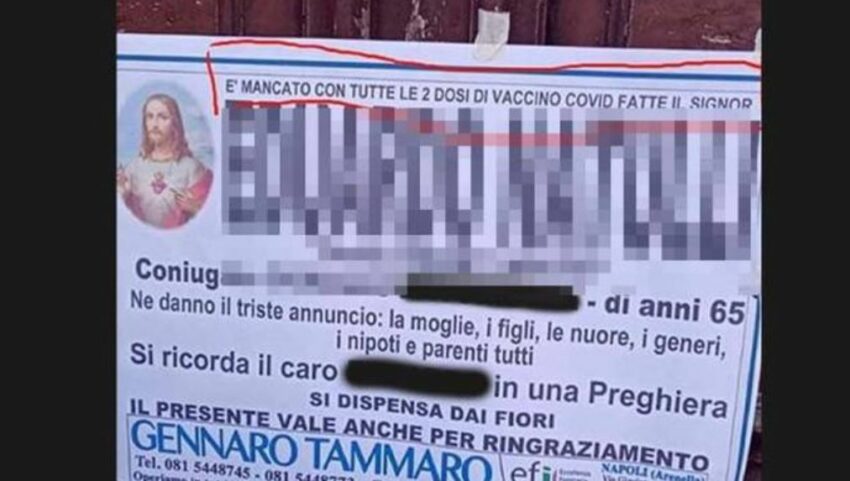 Napoli, muore di Covid, su manifesto funebre: “È mancato con tutte le 2 dosi di vaccino Covid fatte'”