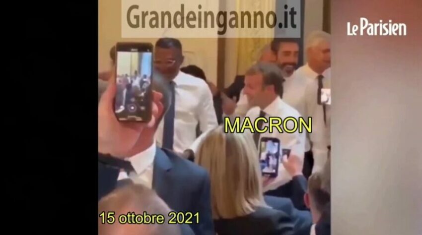 Emmanuel Macron festeggia all’Eliseo, tutti ammassati e senza protezioni.  Altro che Green Pass