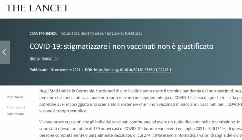 The Lancet: Vaccinati infettano in modo importante, sbagliato e pericoloso parlare di pandemia di non vaccinati