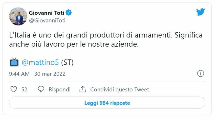 Toti: L’Italia è uno dei grandi produttori di armamenti. Significa anche più lavoro per le nostre aziende.